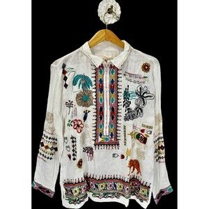Johnny Was NWT Biya Heavy Embroidered White Boho Linen Shirt‎ Top Oversized XS